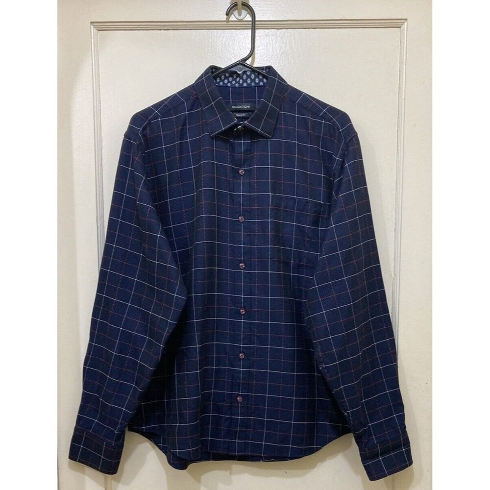 Bugatchi Classic Fit Shirt Size L Button Up Blue Checked Long Sleeves Flip Cuff‎